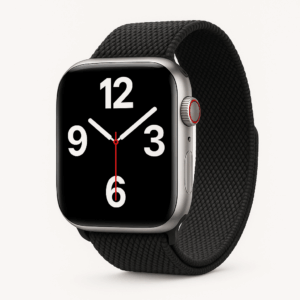 Modern smartwatch with black braided band and large white numerals on sleek black display.