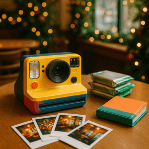 Colorful instant camera and photo prints — what kids want for Christmas