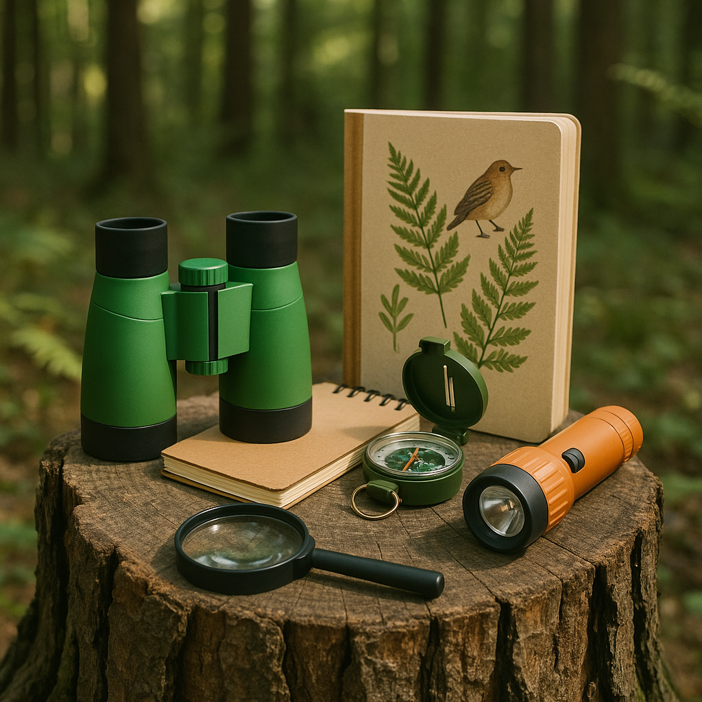Kids outdoor explorer kit on stump — what kids want for Christmas