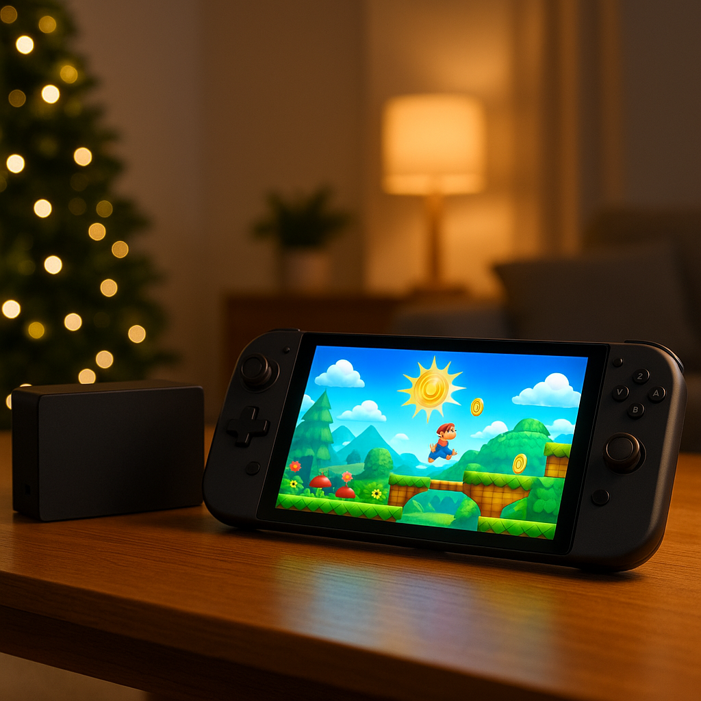 Sleek OLED handheld gaming console on desk — what kids want for Christmas 2025